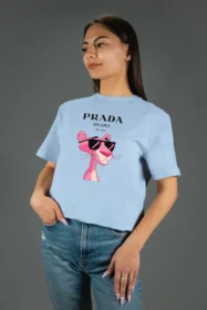 Жіноча футболка з принтом Prada pink panther (00277) Блакитна