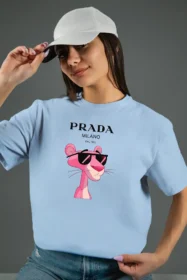 Жіноча футболка з принтом Prada pink panther (00277) Блакитна