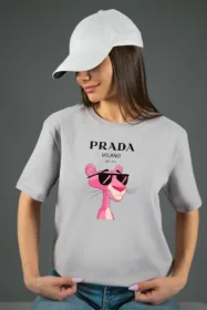 Жіноча футболка з принтом Prada pink panther (00277) Світло-сірий