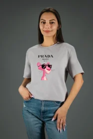 Жіноча футболка з принтом Prada pink panther (00277) Світло-сірий