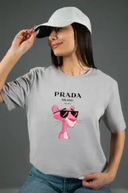 Жіноча футболка з принтом Prada pink panther (00277) Світло-сірий