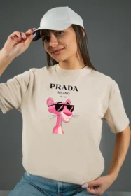 Жіноча футболка з принтом Prada pink panther (00277) Тауп